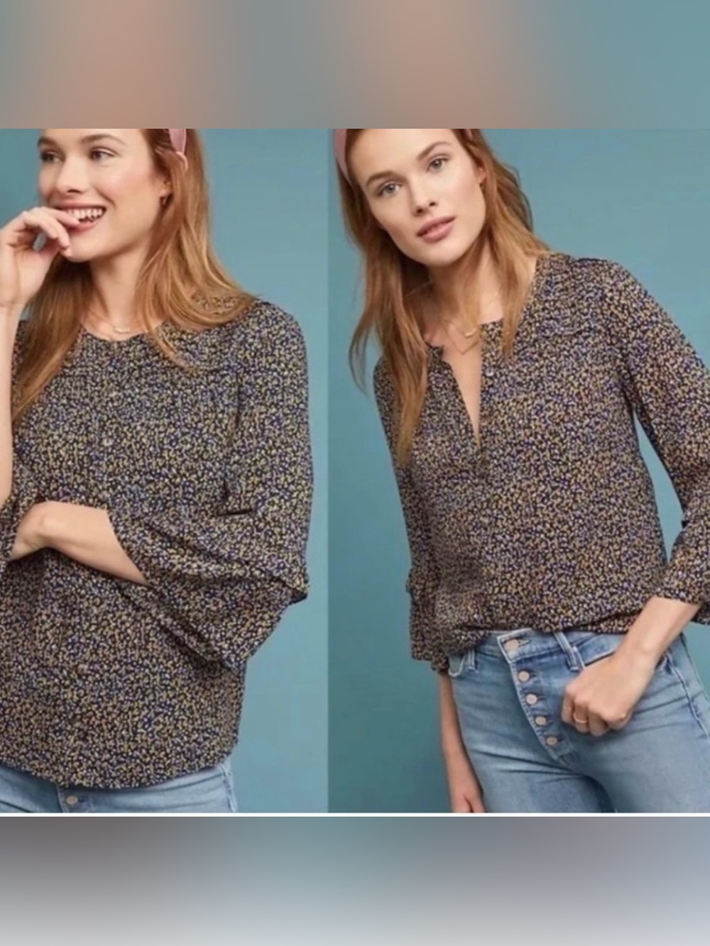 Maeve By Anthropologie Berwick Multicolor Bell Sleeve Button Front Blouse Size M
